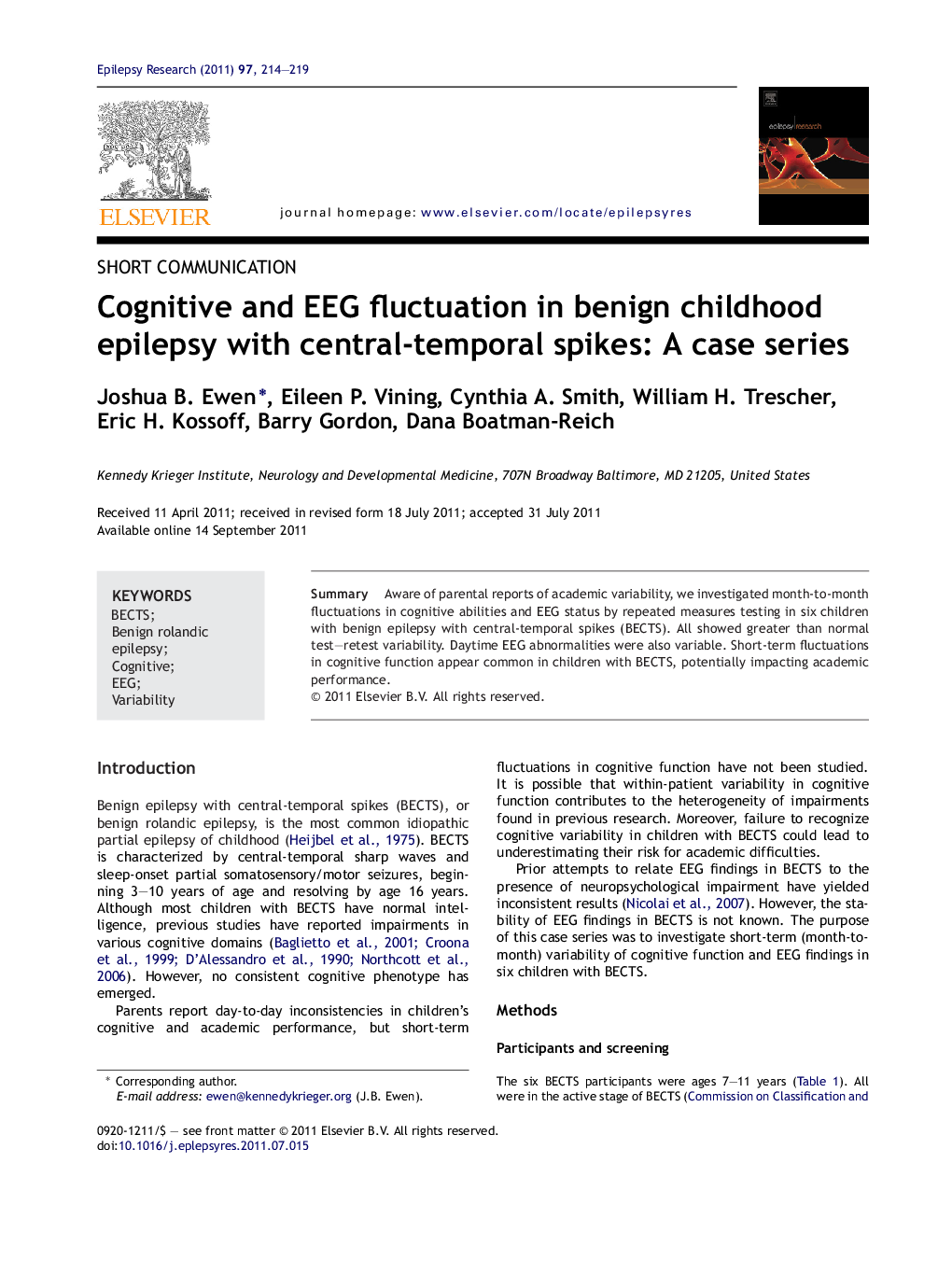 Cognitive and EEG fluctuation in benign childhood epilepsy with central-temporal spikes: A case series