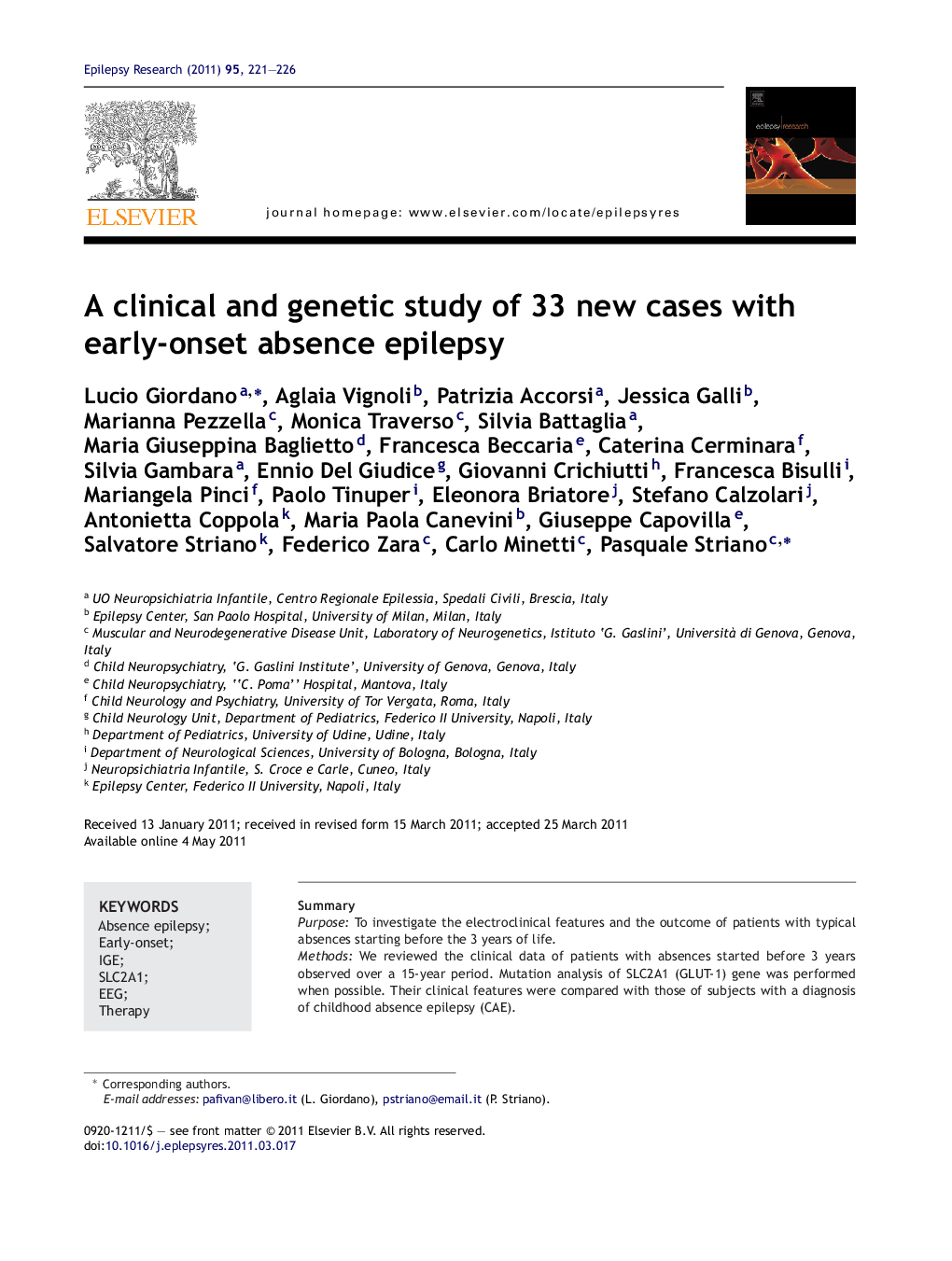 A clinical and genetic study of 33 new cases with early-onset absence epilepsy