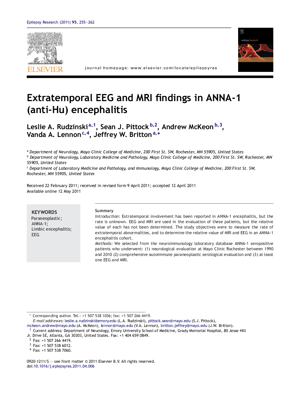 Extratemporal EEG and MRI findings in ANNA-1 (anti-Hu) encephalitis