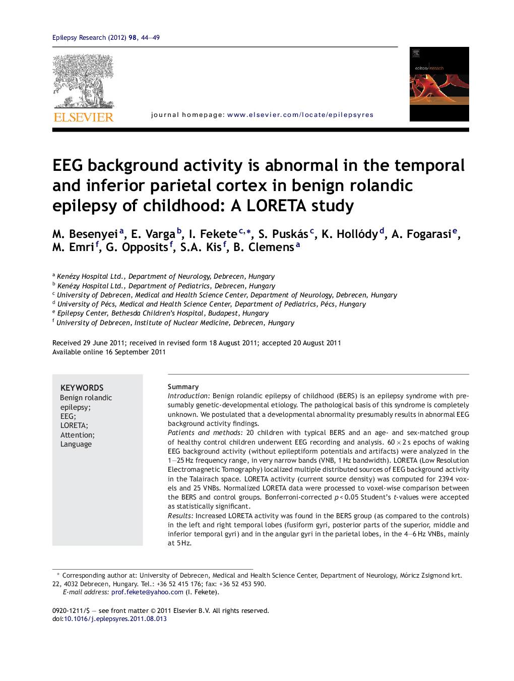 EEG background activity is abnormal in the temporal and inferior parietal cortex in benign rolandic epilepsy of childhood: A LORETA study