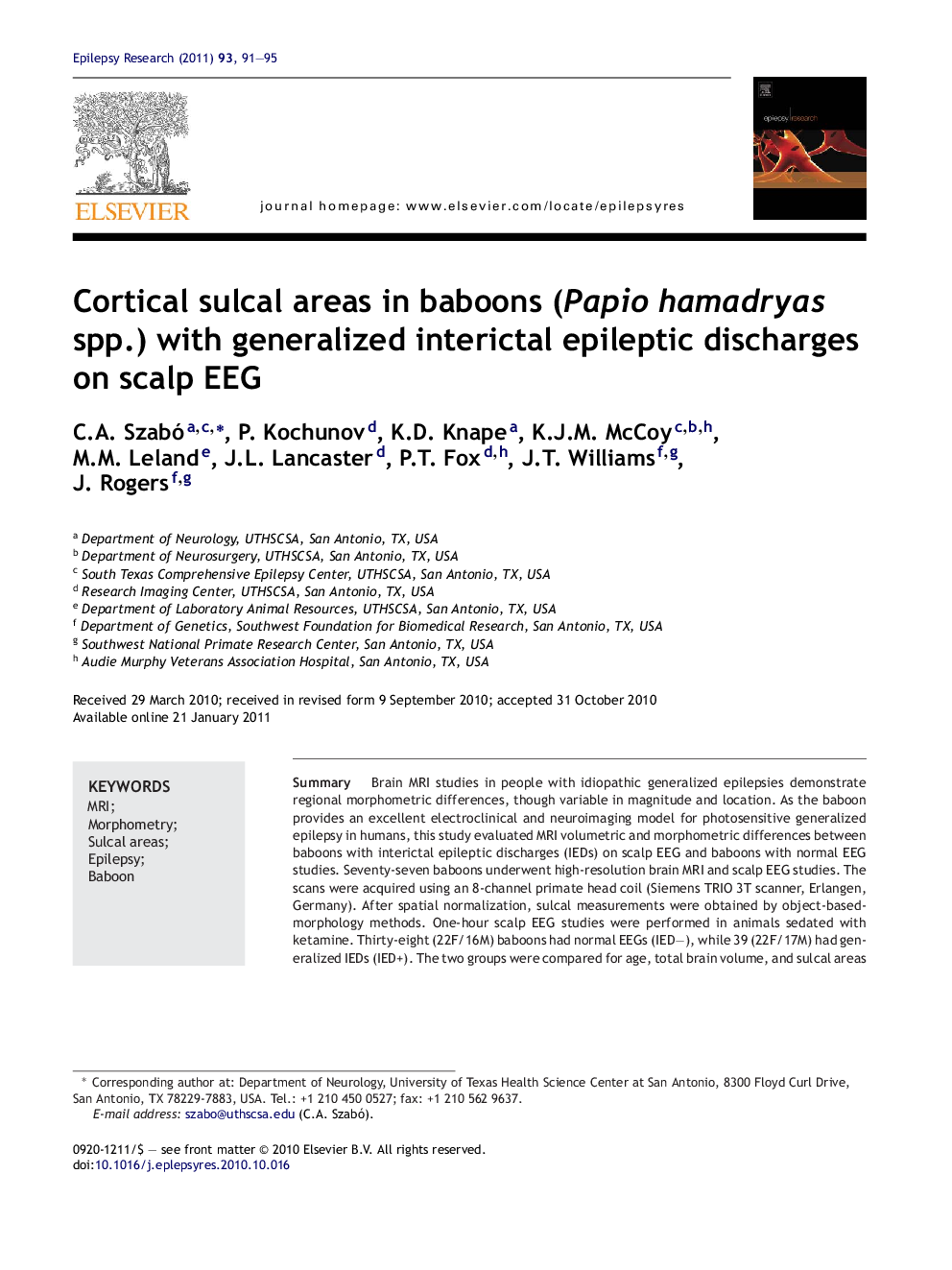 Cortical sulcal areas in baboons (Papio hamadryas spp.) with generalized interictal epileptic discharges on scalp EEG