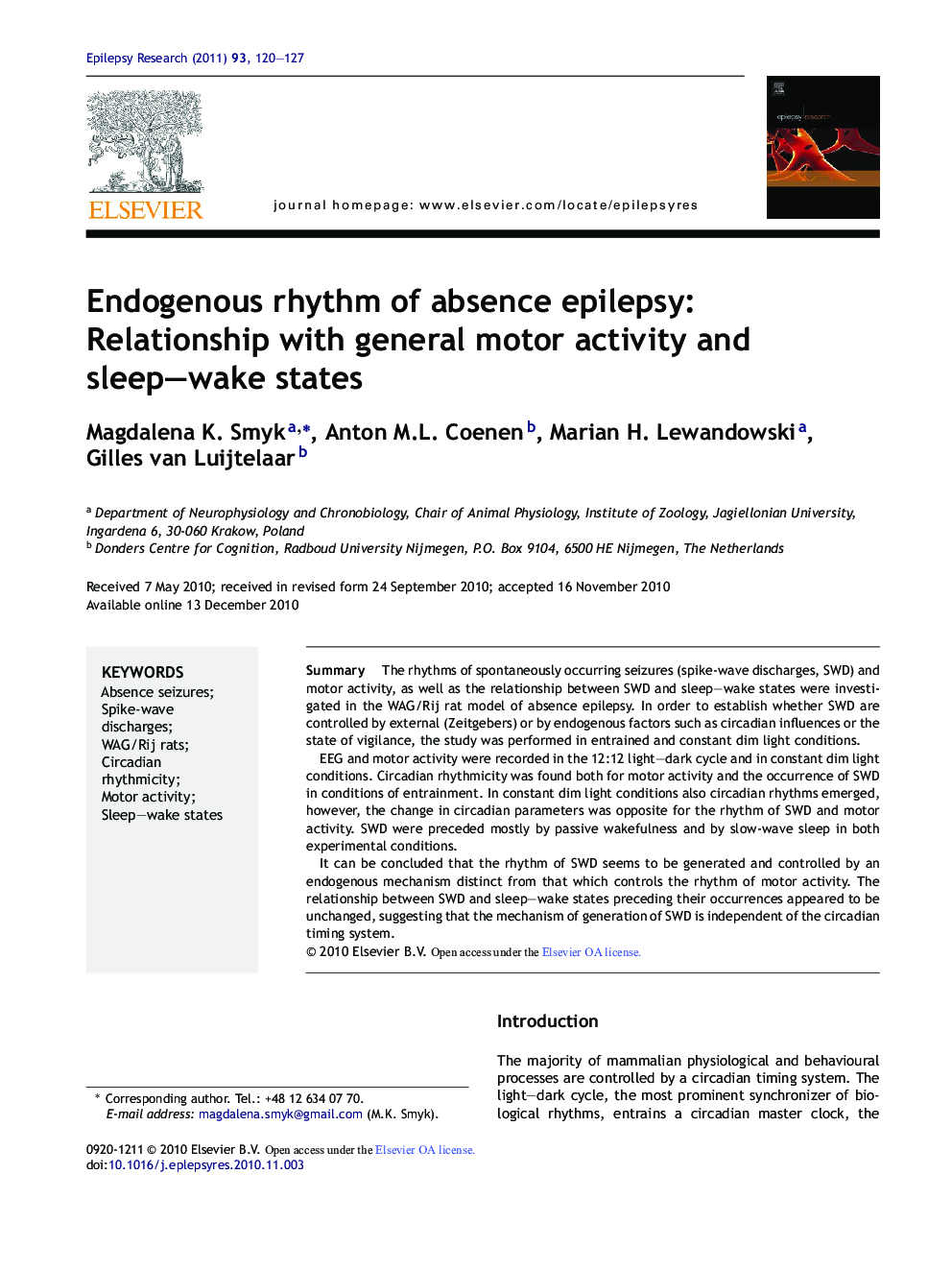 Endogenous rhythm of absence epilepsy: Relationship with general motor activity and sleep-wake states