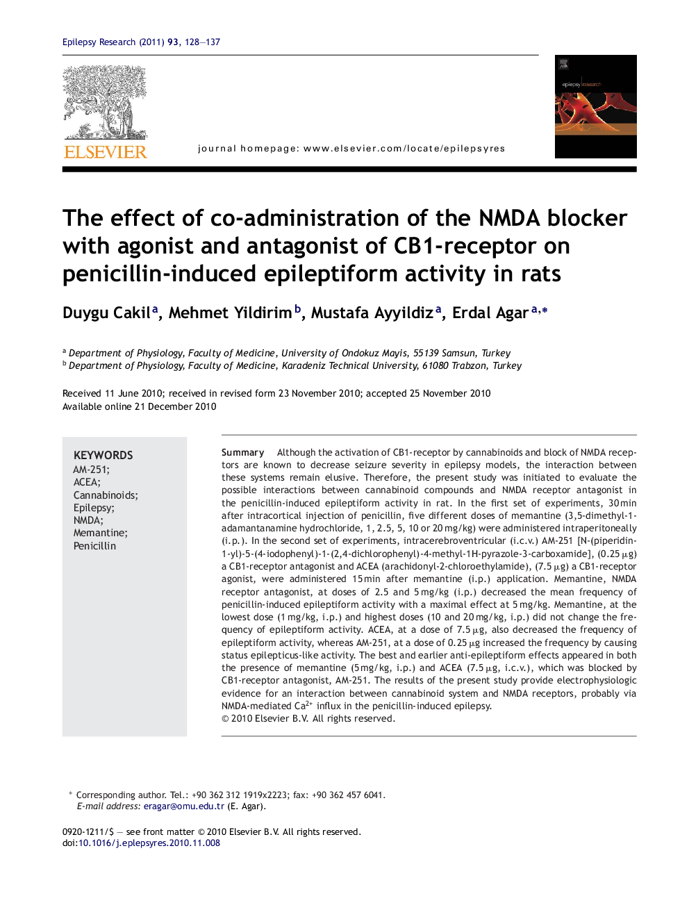 The effect of co-administration of the NMDA blocker with agonist and antagonist of CB1-receptor on penicillin-induced epileptiform activity in rats