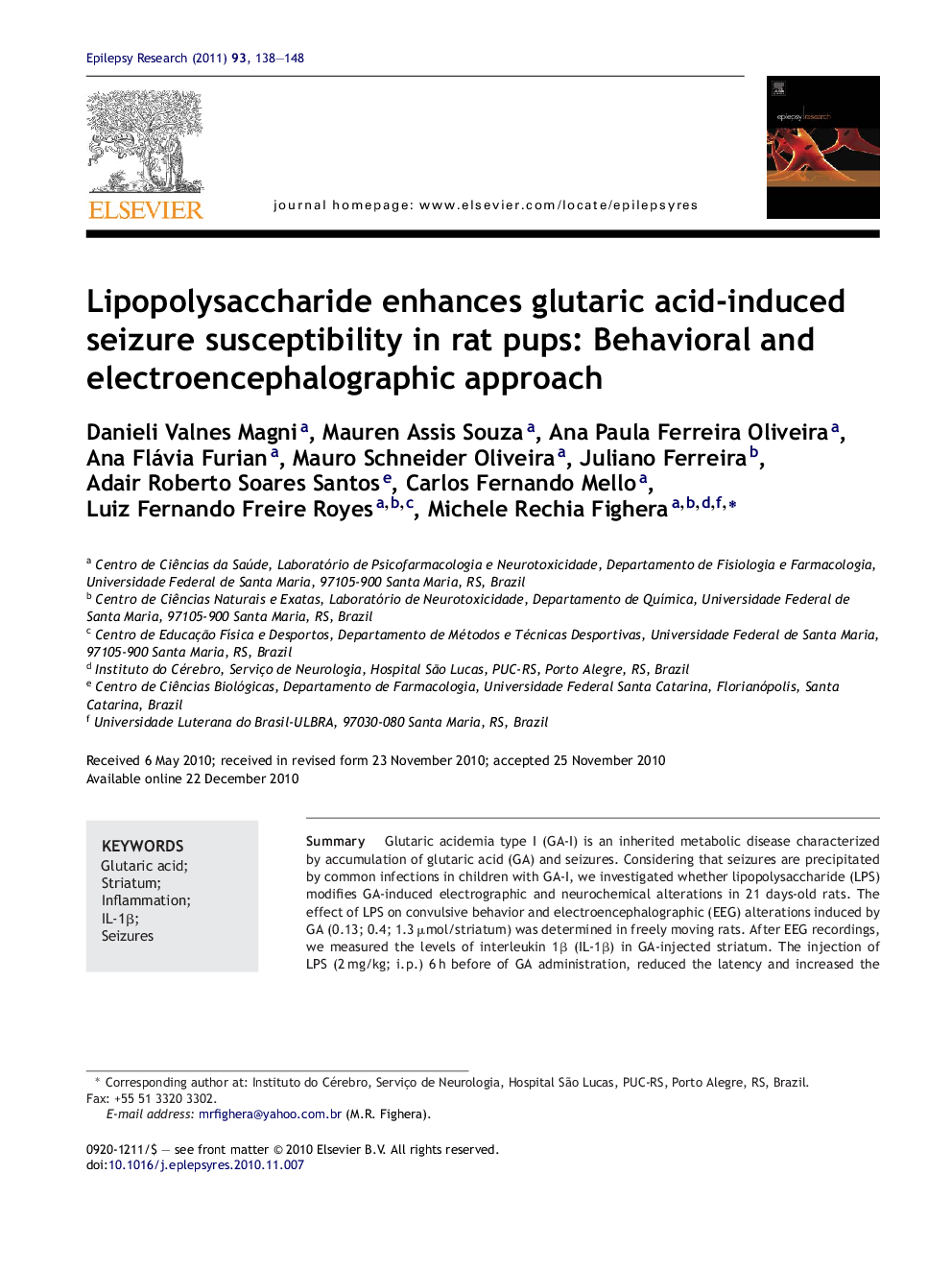 Lipopolysaccharide enhances glutaric acid-induced seizure susceptibility in rat pups: Behavioral and electroencephalographic approach