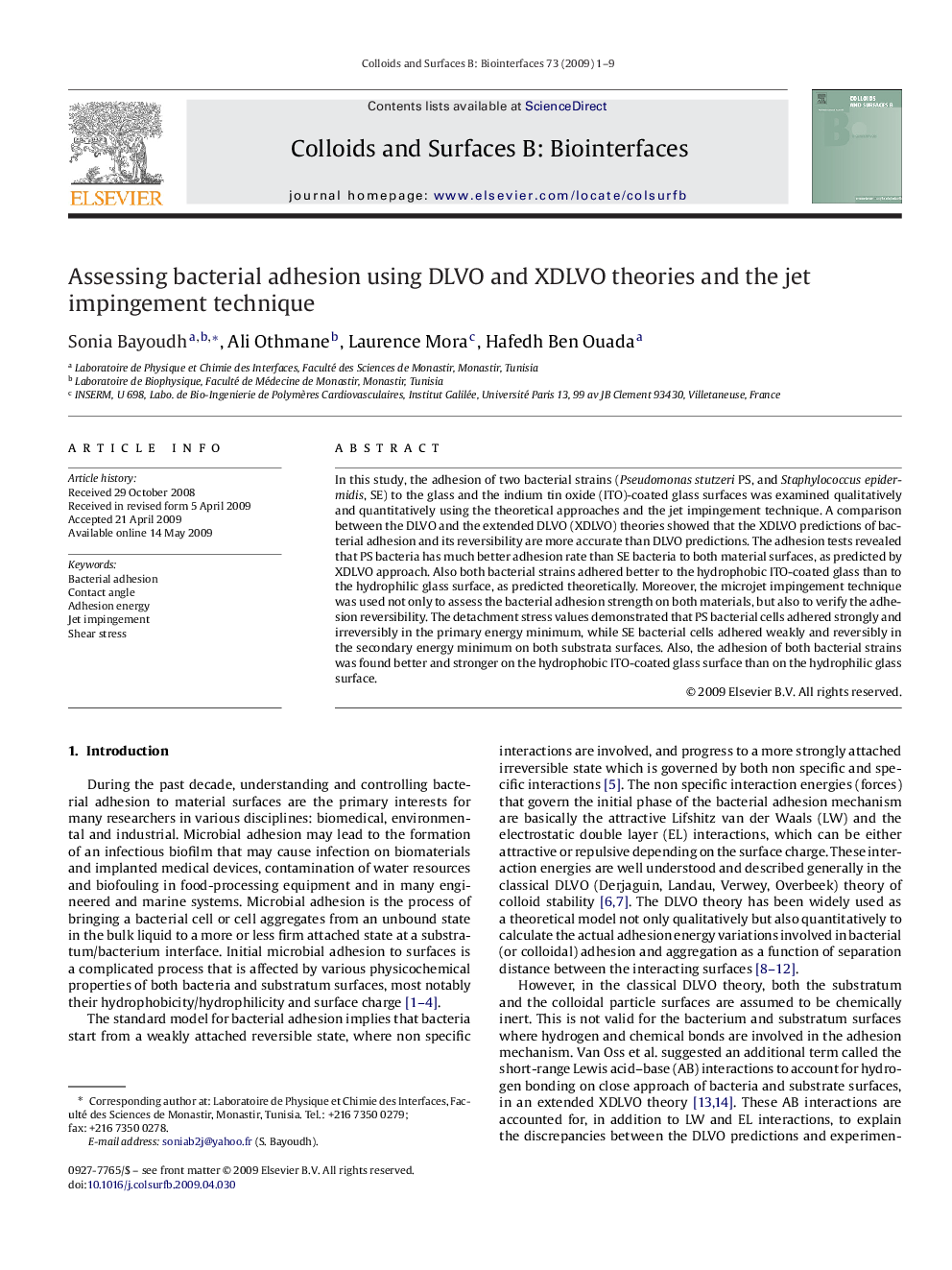 Assessing bacterial adhesion using DLVO and XDLVO theories and the jet impingement technique