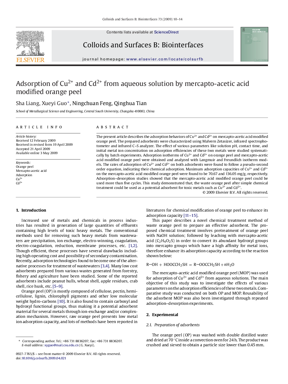 Adsorption of Cu2+ and Cd2+ from aqueous solution by mercapto-acetic acid modified orange peel