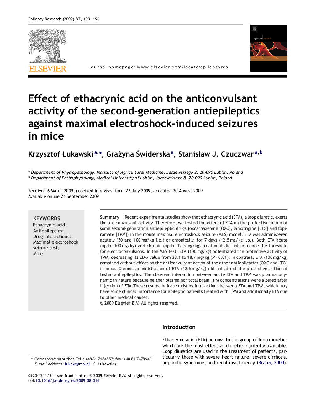 Effect of ethacrynic acid on the anticonvulsant activity of the second-generation antiepileptics against maximal electroshock-induced seizures in mice