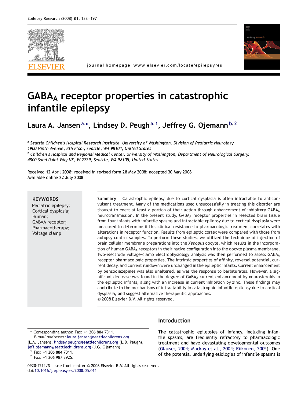 GABAA receptor properties in catastrophic infantile epilepsy