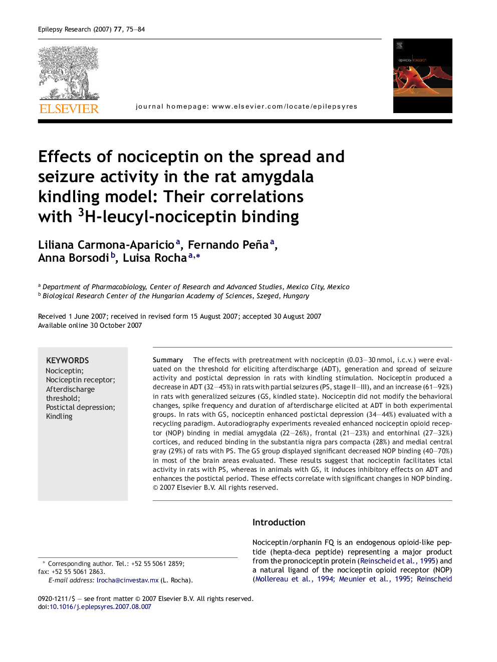 Effects of nociceptin on the spread and seizure activity in the rat amygdala kindling model: Their correlations with 3H-leucyl-nociceptin binding