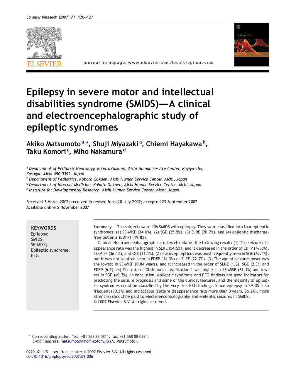 Epilepsy in severe motor and intellectual disabilities syndrome (SMIDS)-A clinical and electroencephalographic study of epileptic syndromes