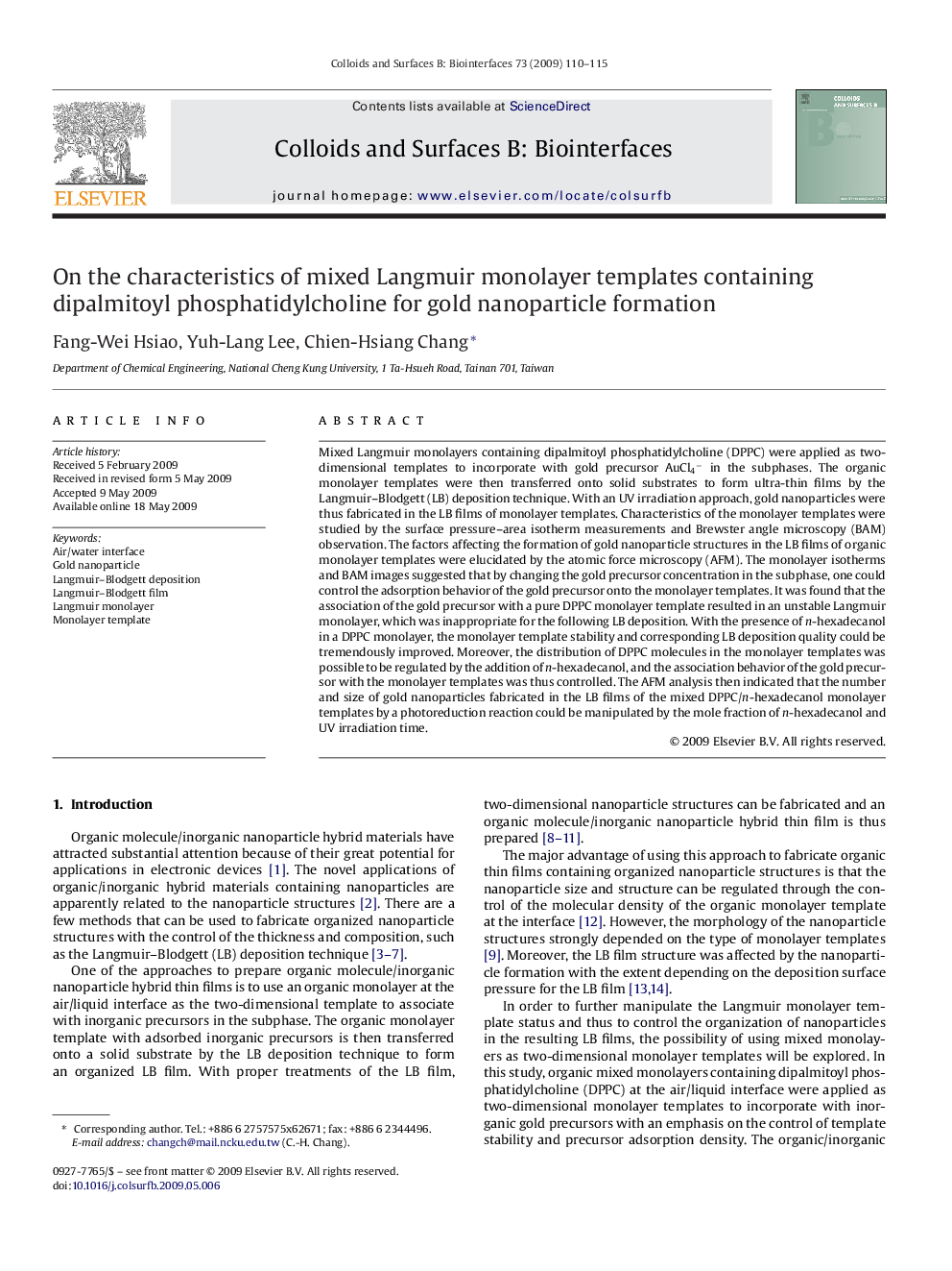 On the characteristics of mixed Langmuir monolayer templates containing dipalmitoyl phosphatidylcholine for gold nanoparticle formation