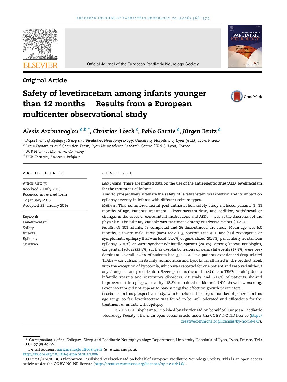 Original ArticleSafety of levetiracetam among infants younger than 12 months - Results from a European multicenter observational study