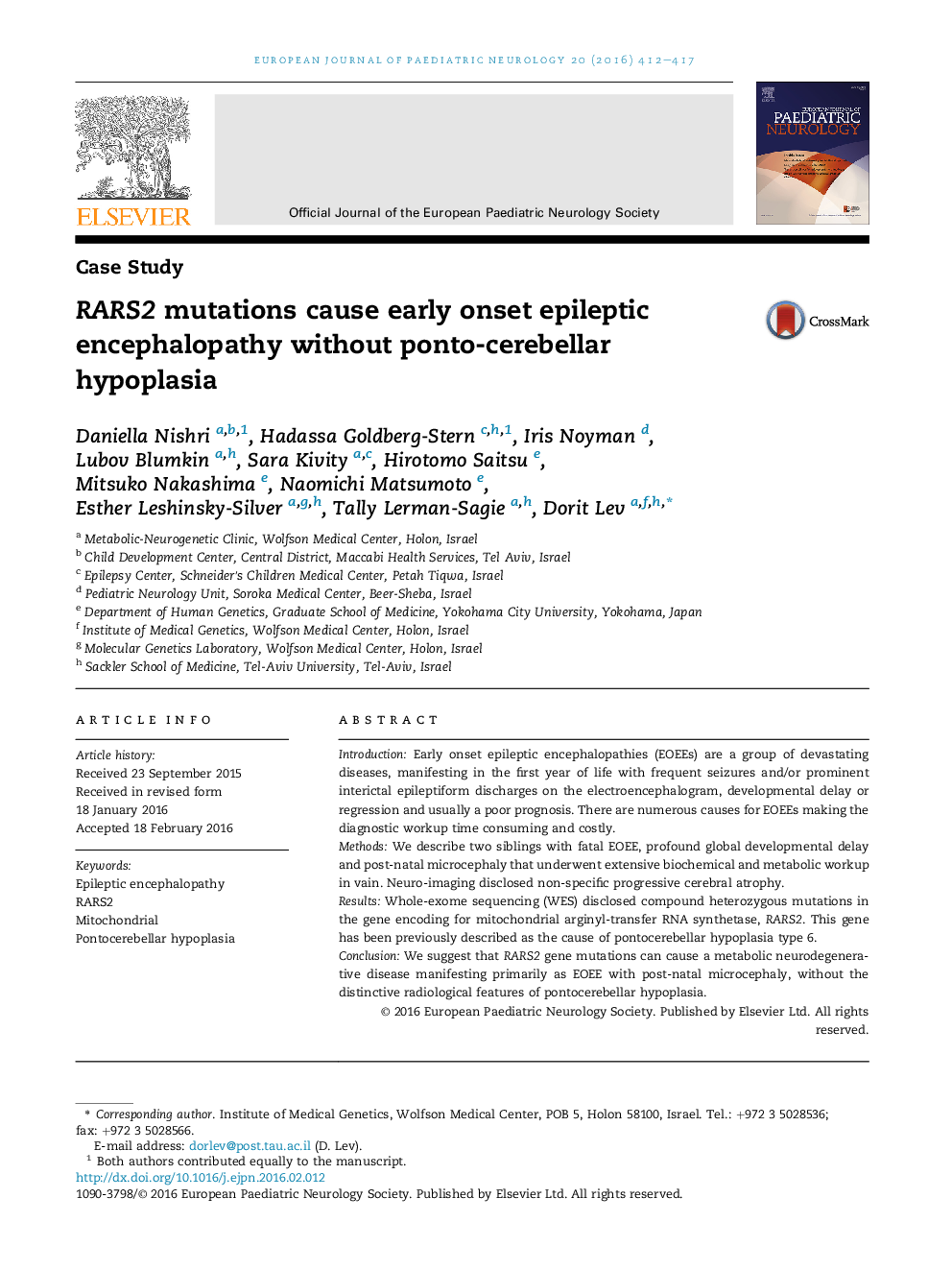 RARS2 mutations cause early onset epileptic encephalopathy without ponto-cerebellar hypoplasia