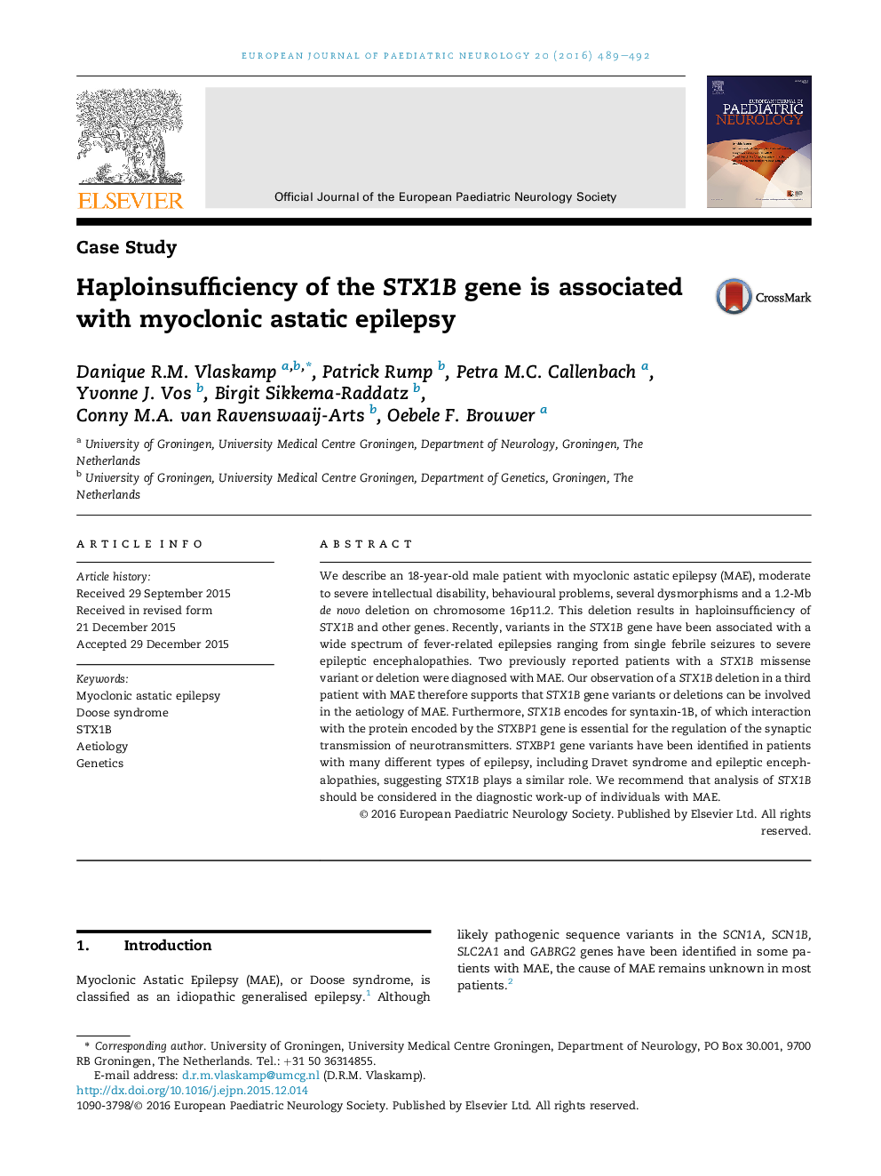 Haploinsufficiency of the STX1B gene is associated with myoclonic astatic epilepsy