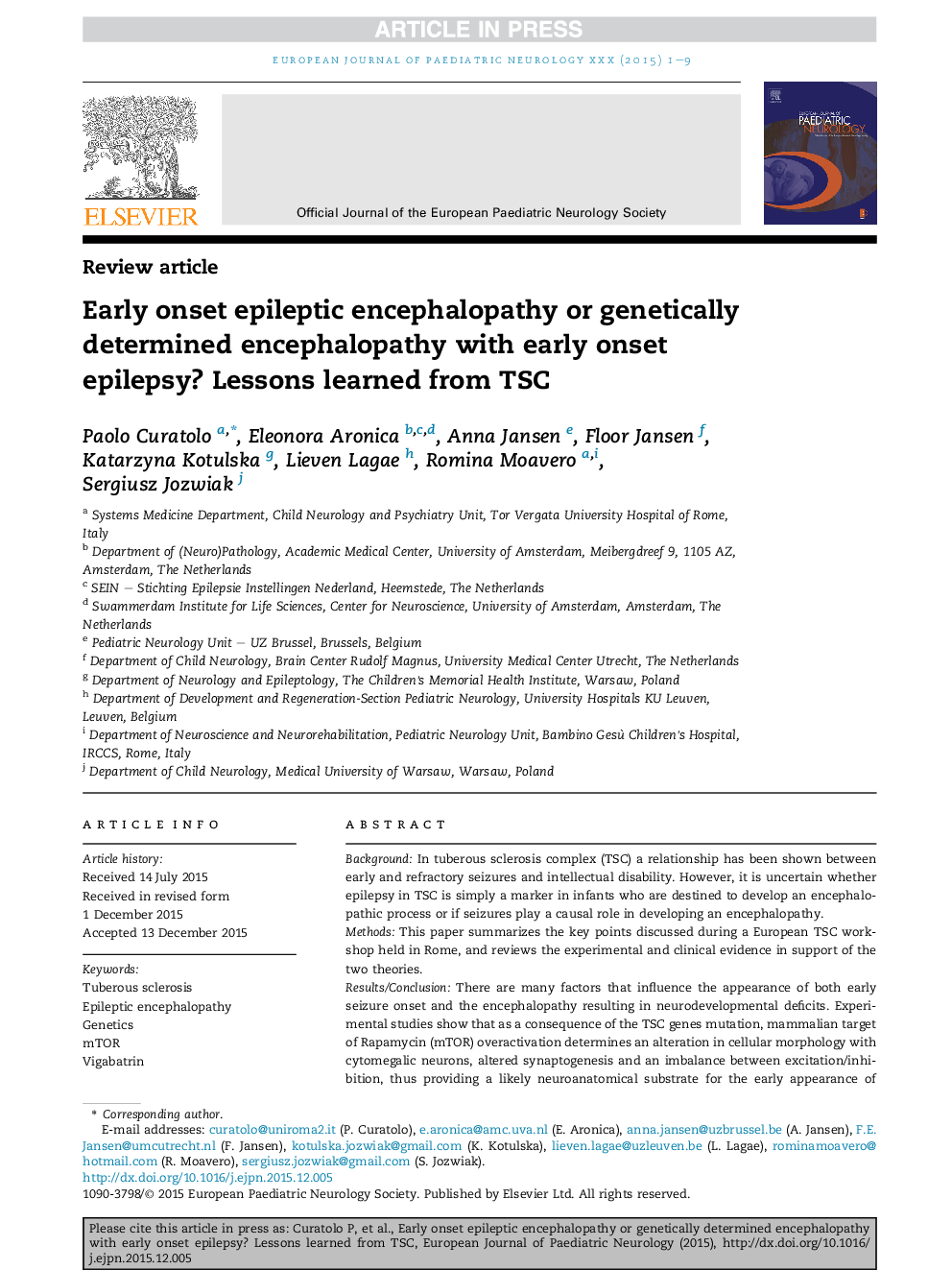 Early onset epileptic encephalopathy or genetically determined encephalopathy with early onset epilepsy? Lessons learned from TSC