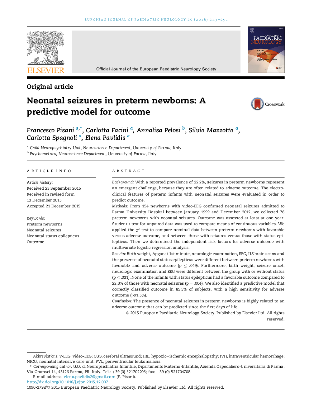 Neonatal seizures in preterm newborns: A predictive model for outcome