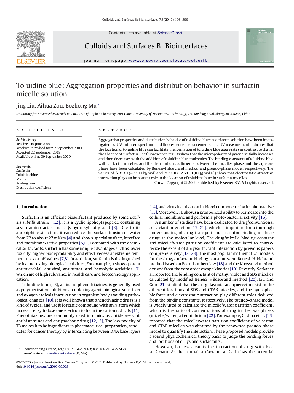 Toluidine blue: Aggregation properties and distribution behavior in surfactin micelle solution