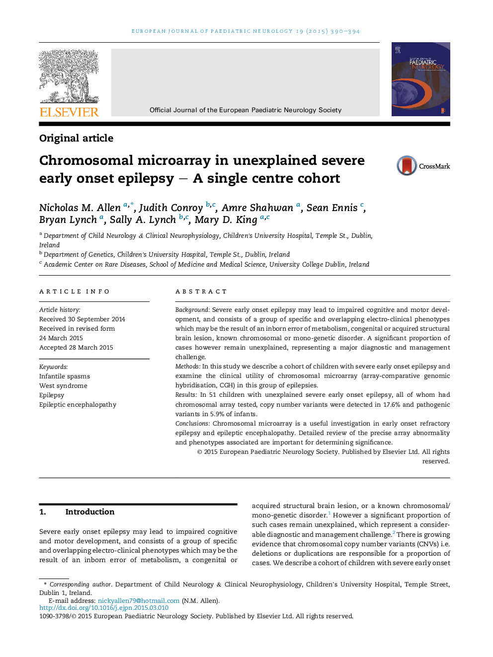 Original articleChromosomal microarray in unexplained severe early onset epilepsy - A single centre cohort