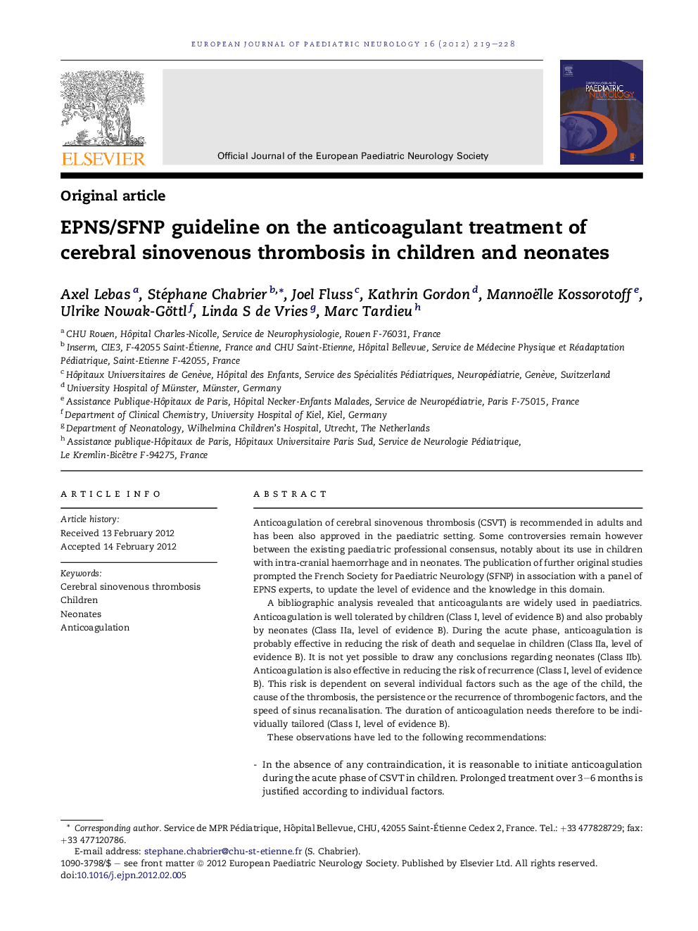 EPNS/SFNP guideline on the anticoagulant treatment of cerebral sinovenous thrombosis in children and neonates