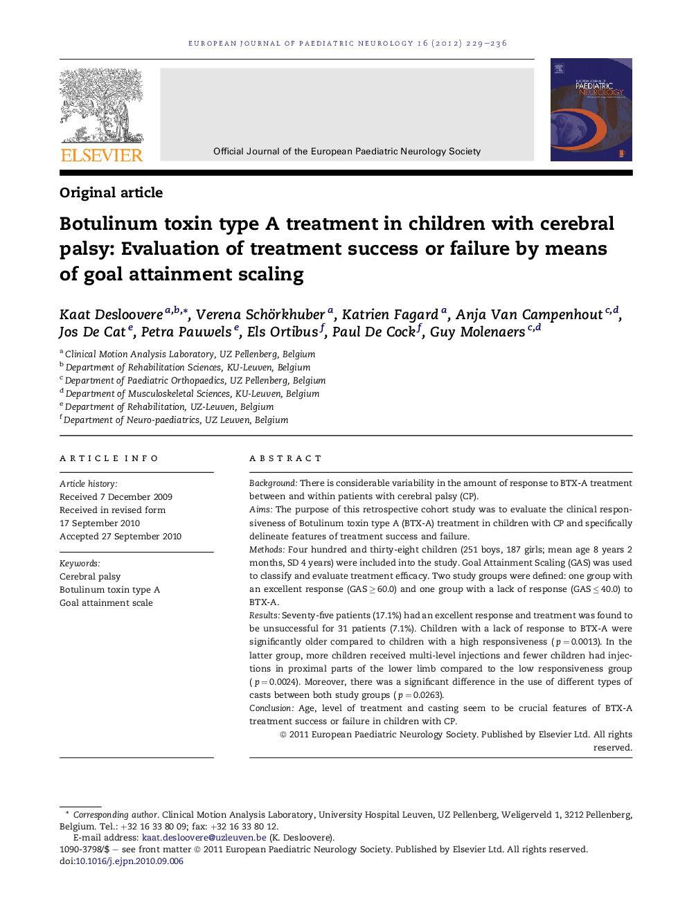 Original articleBotulinum toxin type A treatment in children with cerebral palsy: Evaluation of treatment success or failure by means of goal attainment scaling