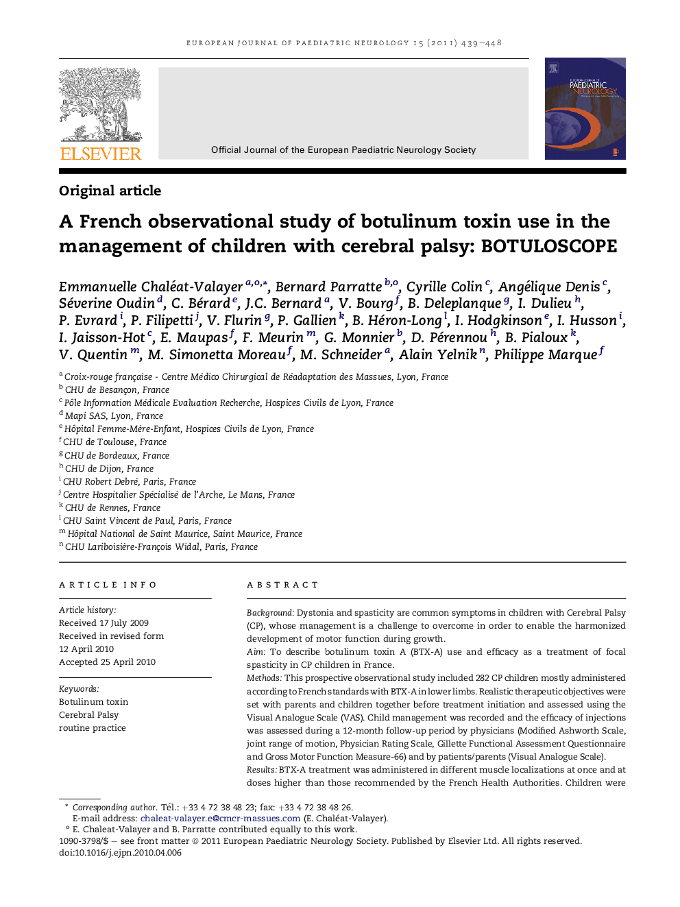 عکس صفحه اول مقاله: Original articleA French observational study of botulinum toxin use in the management of children with cerebral palsy: BOTULOSCOPE Original articleA French observational study of botulinum toxin use in the management of children with cerebral palsy: BOTULOSCOPE