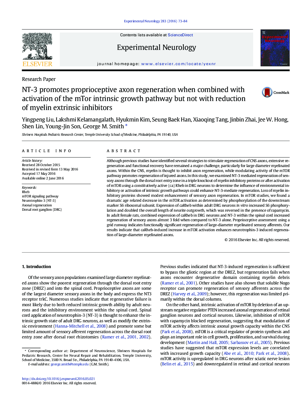 NT-3 promotes proprioceptive axon regeneration when combined with activation of the mTor intrinsic growth pathway but not with reduction of myelin extrinsic inhibitors