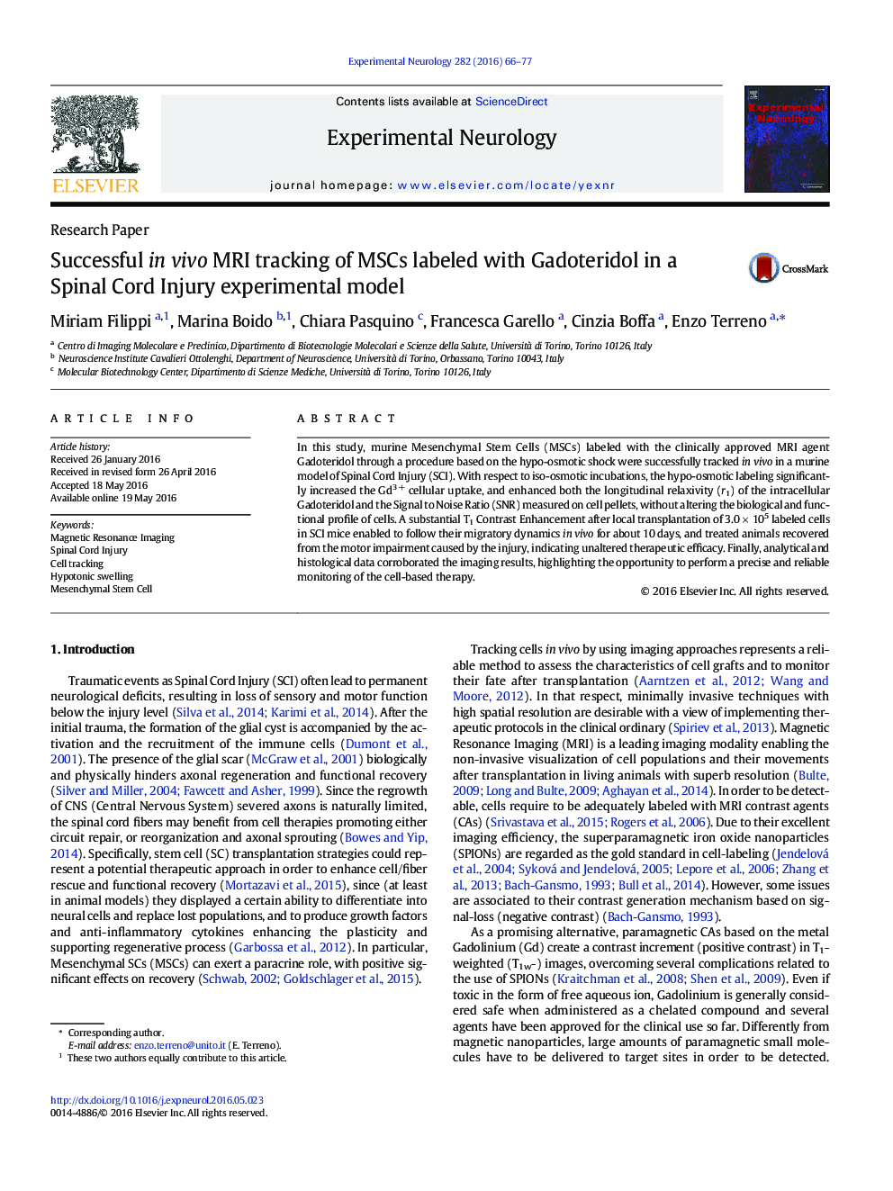 Successful in vivo MRI tracking of MSCs labeled with Gadoteridol in a Spinal Cord Injury experimental model