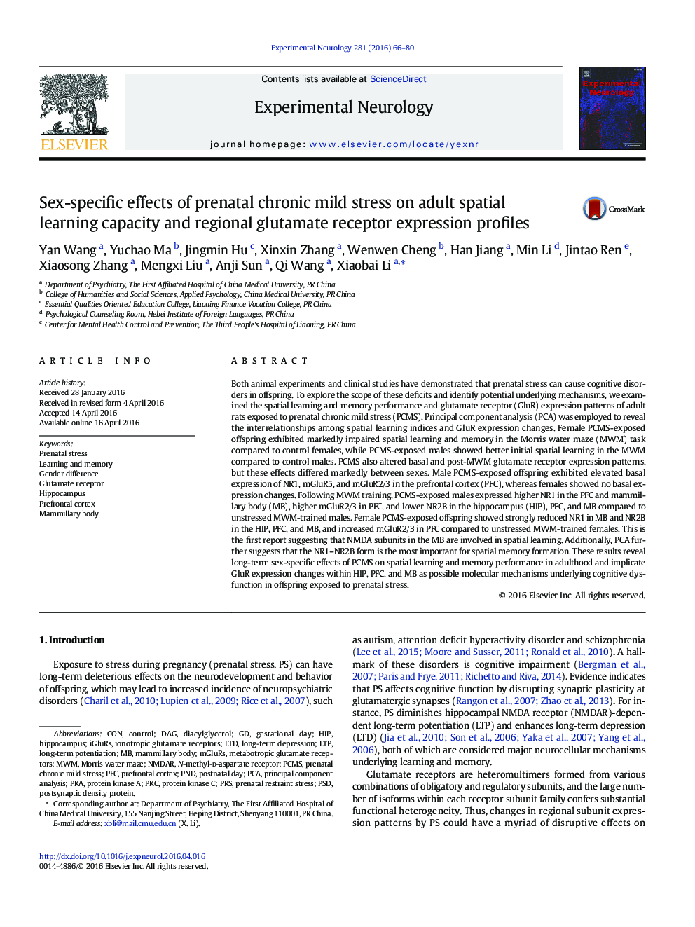Sex-specific effects of prenatal chronic mild stress on adult spatial learning capacity and regional glutamate receptor expression profiles