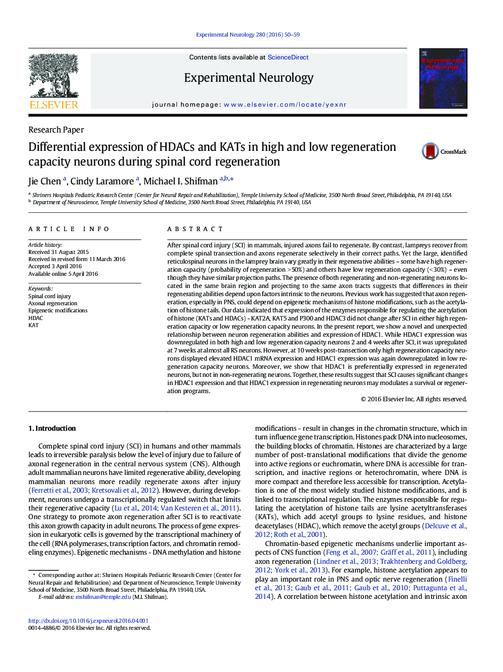 Research PaperDifferential expression of HDACs and KATs in high and low regeneration capacity neurons during spinal cord regeneration