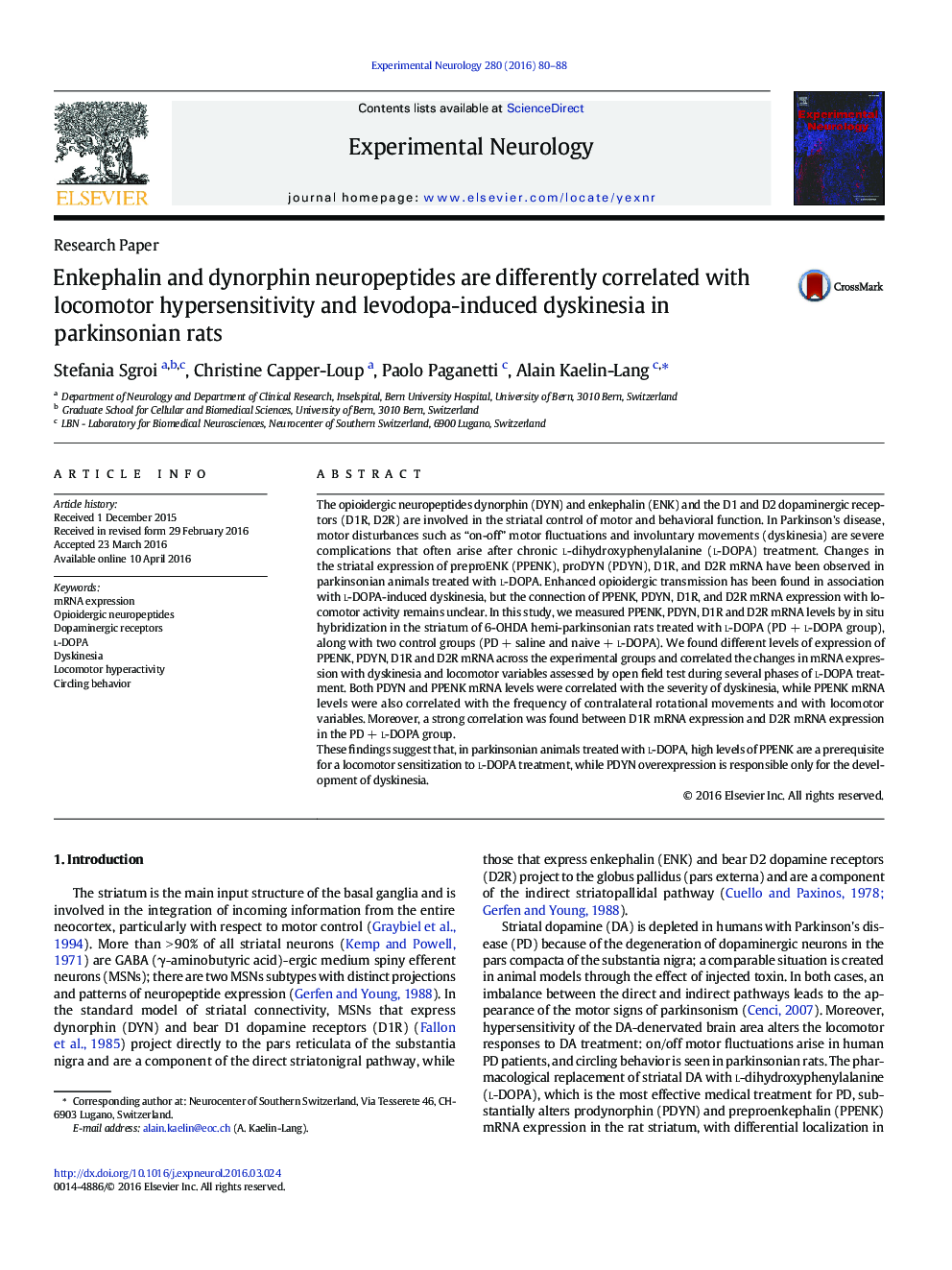 Research PaperEnkephalin and dynorphin neuropeptides are differently correlated with locomotor hypersensitivity and levodopa-induced dyskinesia in parkinsonian rats