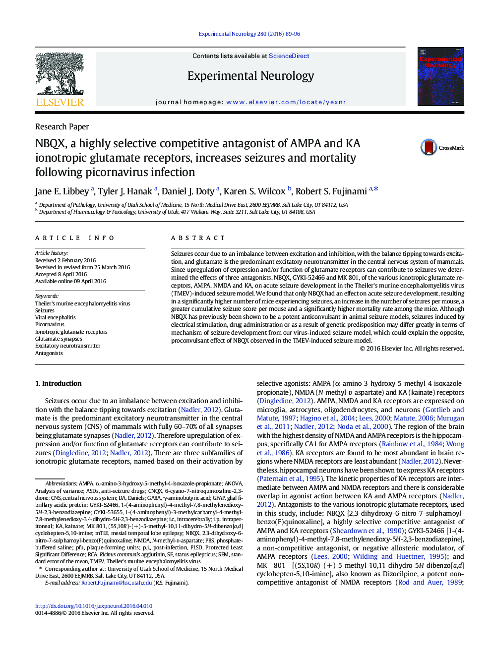 NBQX, a highly selective competitive antagonist of AMPA and KA ionotropic glutamate receptors, increases seizures and mortality following picornavirus infection