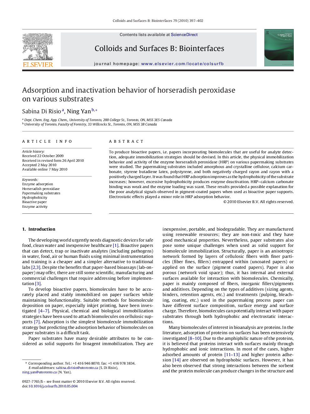 Adsorption and inactivation behavior of horseradish peroxidase on various substrates