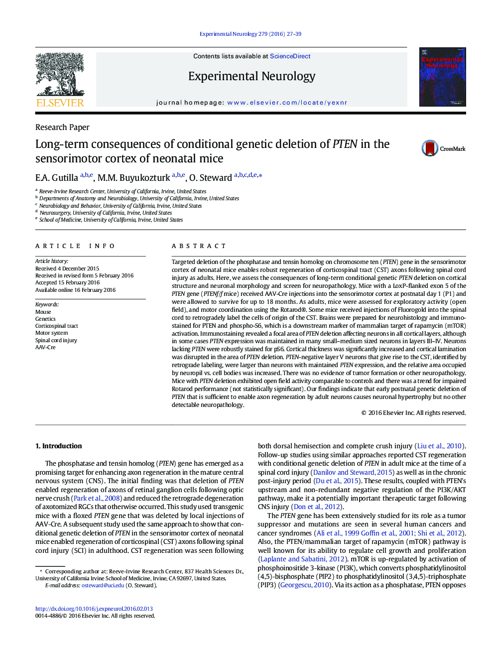 Long-term consequences of conditional genetic deletion of PTEN in the sensorimotor cortex of neonatal mice