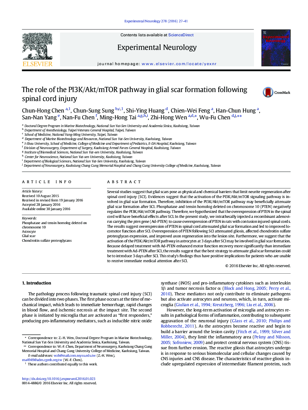 The role of the PI3K/Akt/mTOR pathway in glial scar formation following spinal cord injury