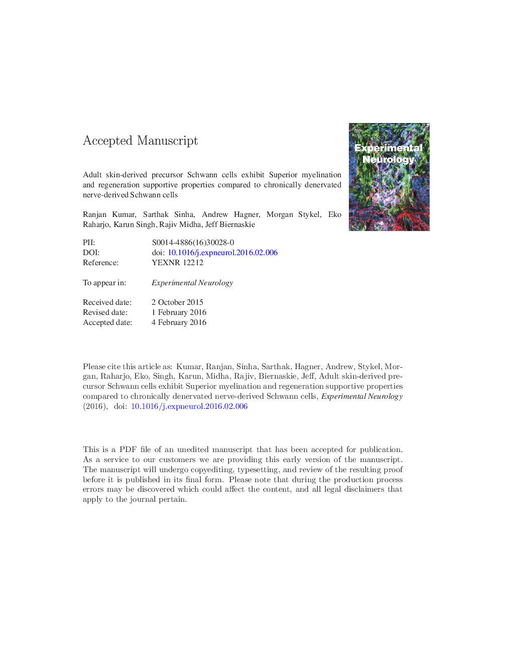 Adult skin-derived precursor Schwann cells exhibit superior myelination and regeneration supportive properties compared to chronically denervated nerve-derived Schwann cells