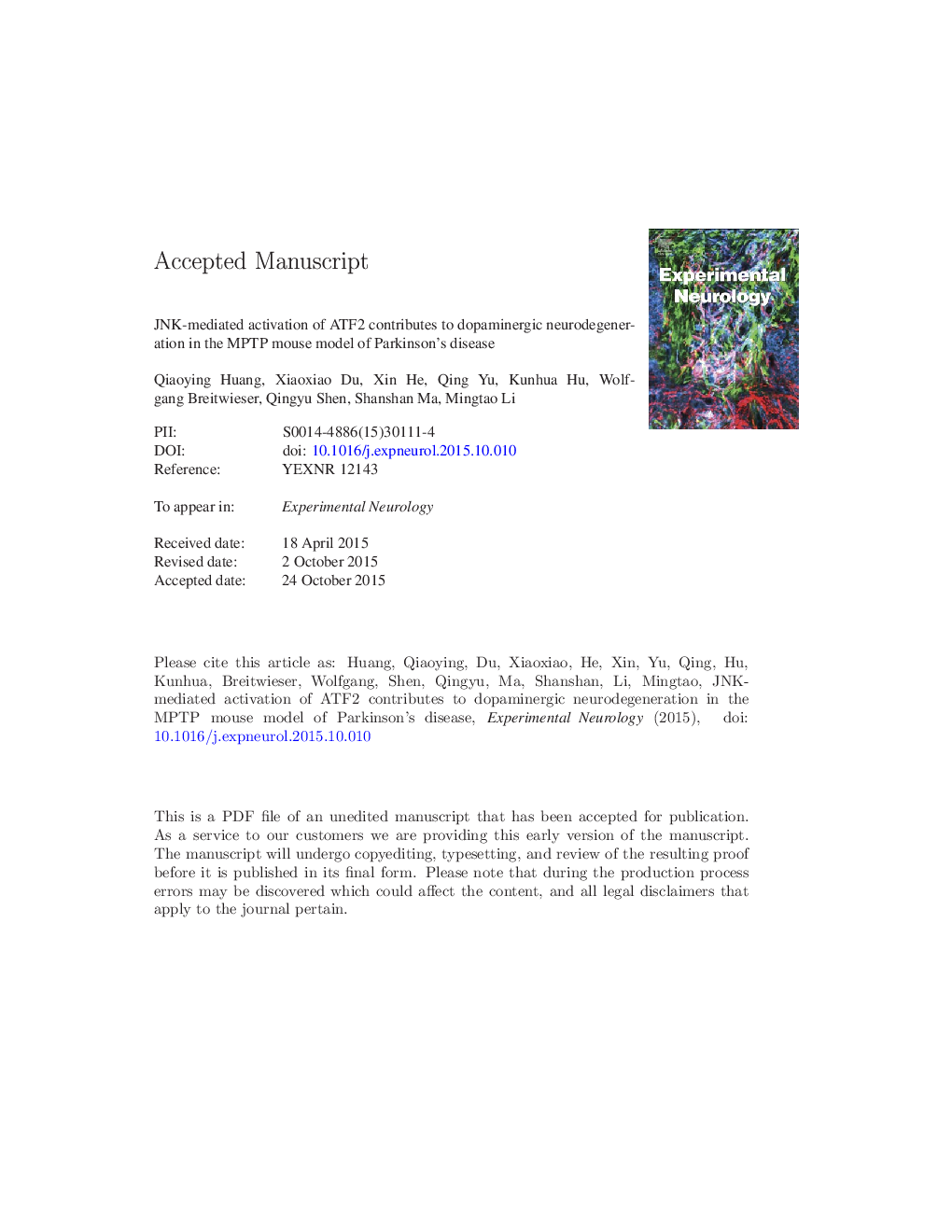 JNK-mediated activation of ATF2 contributes to dopaminergic neurodegeneration in the MPTP mouse model of Parkinson's disease