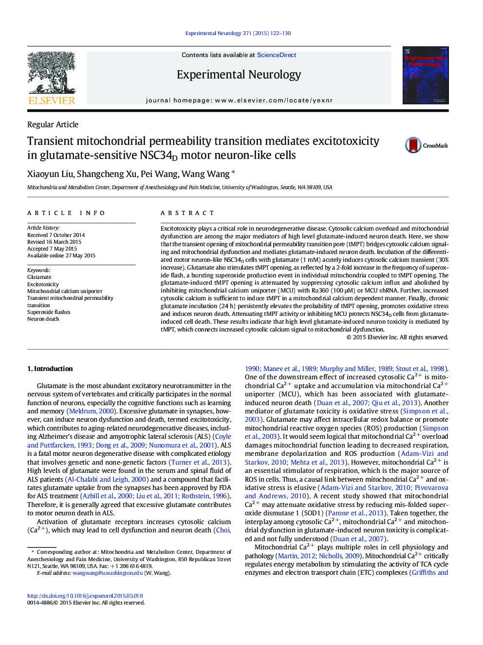 Regular ArticleTransient mitochondrial permeability transition mediates excitotoxicity in glutamate-sensitive NSC34D motor neuron-like cells