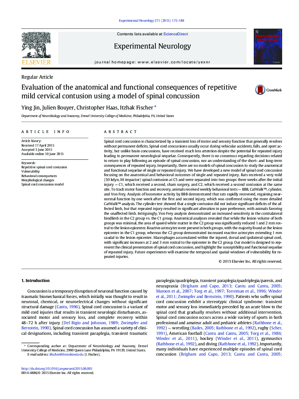 Regular ArticleEvaluation of the anatomical and functional consequences of repetitive mild cervical contusion using a model of spinal concussion