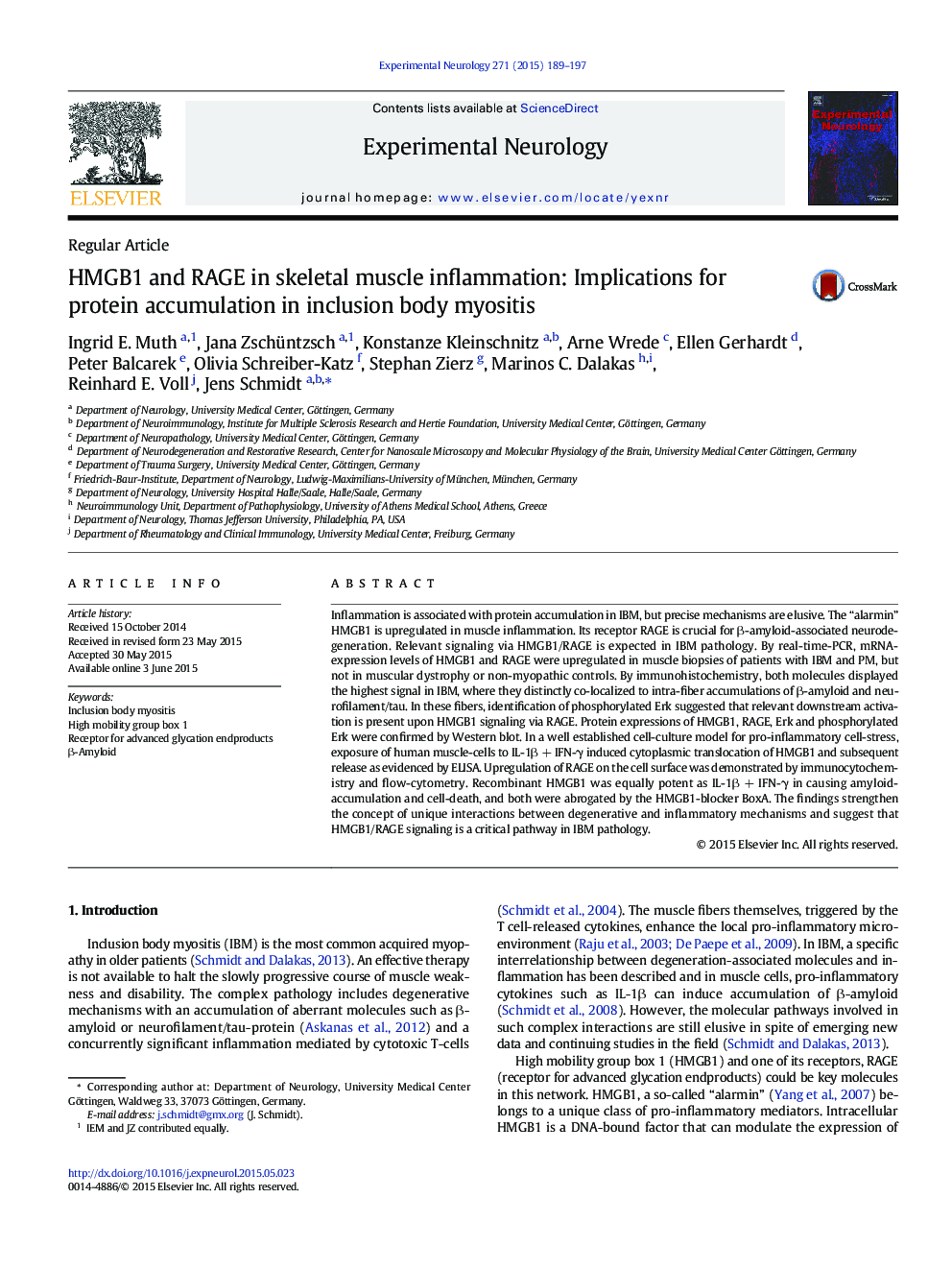 HMGB1 and RAGE in skeletal muscle inflammation: Implications for protein accumulation in inclusion body myositis