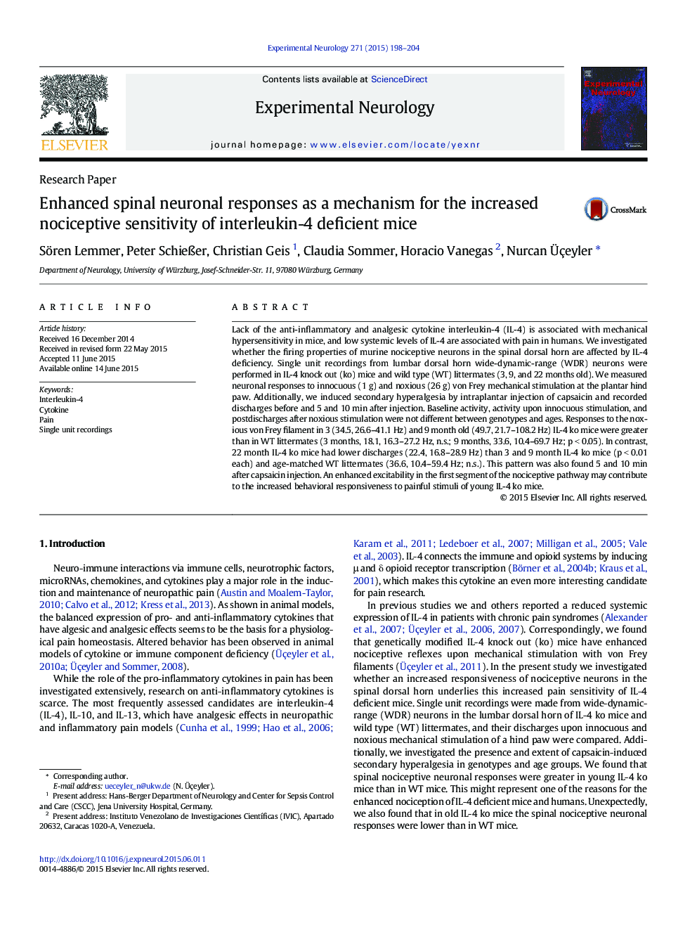 Enhanced spinal neuronal responses as a mechanism for the increased nociceptive sensitivity of interleukin-4 deficient mice