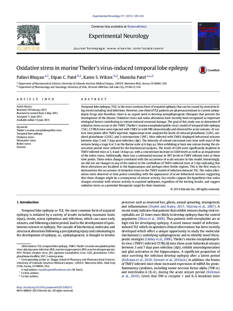 Oxidative stress in murine Theiler's virus-induced temporal lobe epilepsy