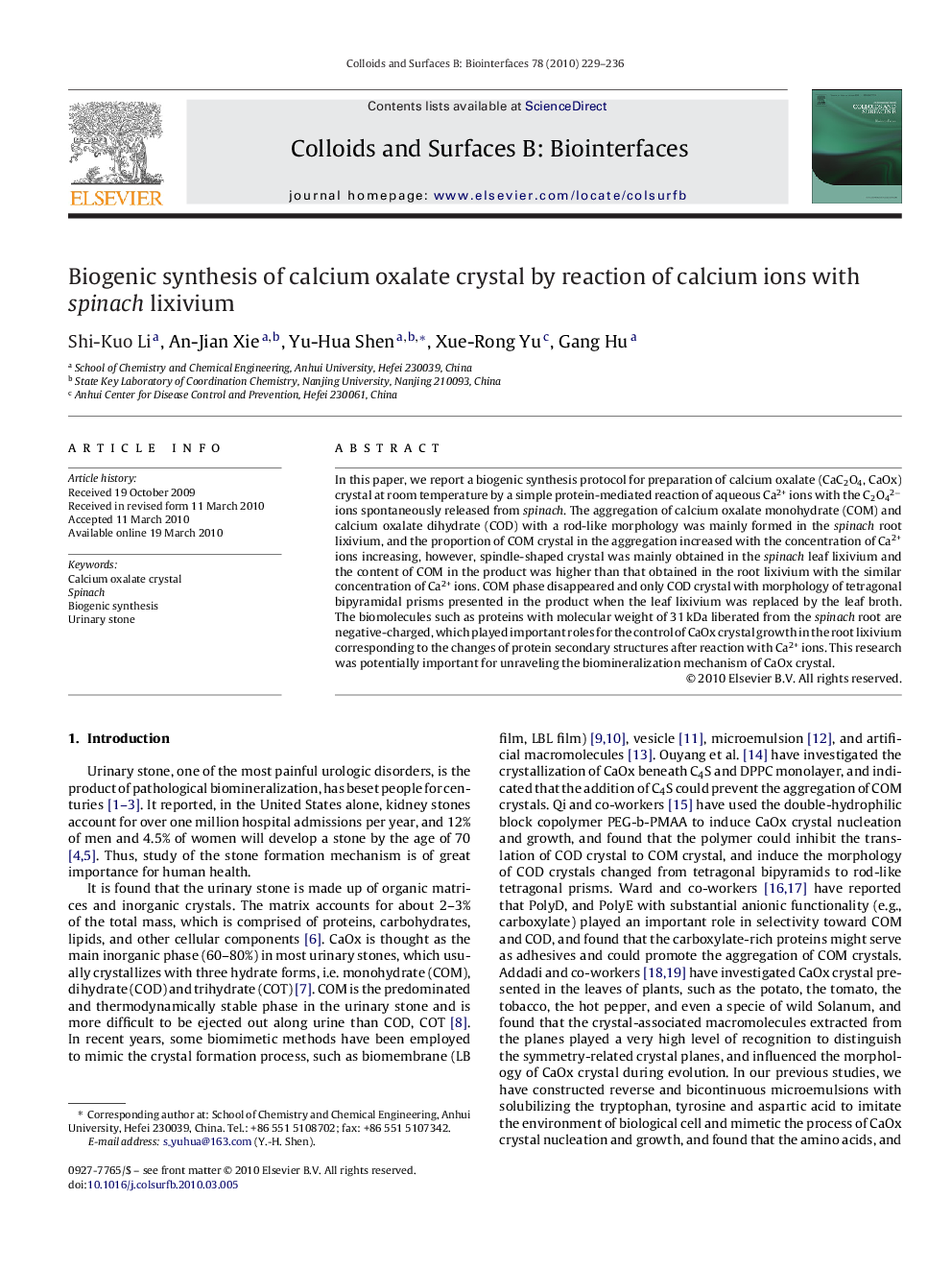 Biogenic synthesis of calcium oxalate crystal by reaction of calcium ions with spinach lixivium