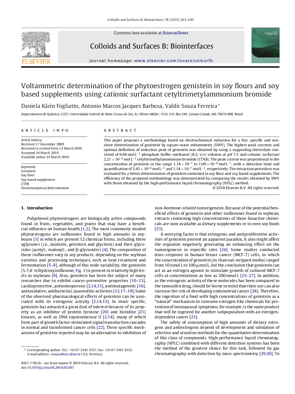 Voltammetric determination of the phytoestrogen genistein in soy flours and soy based supplements using cationic surfactant cetyltrimetylammonium bromide