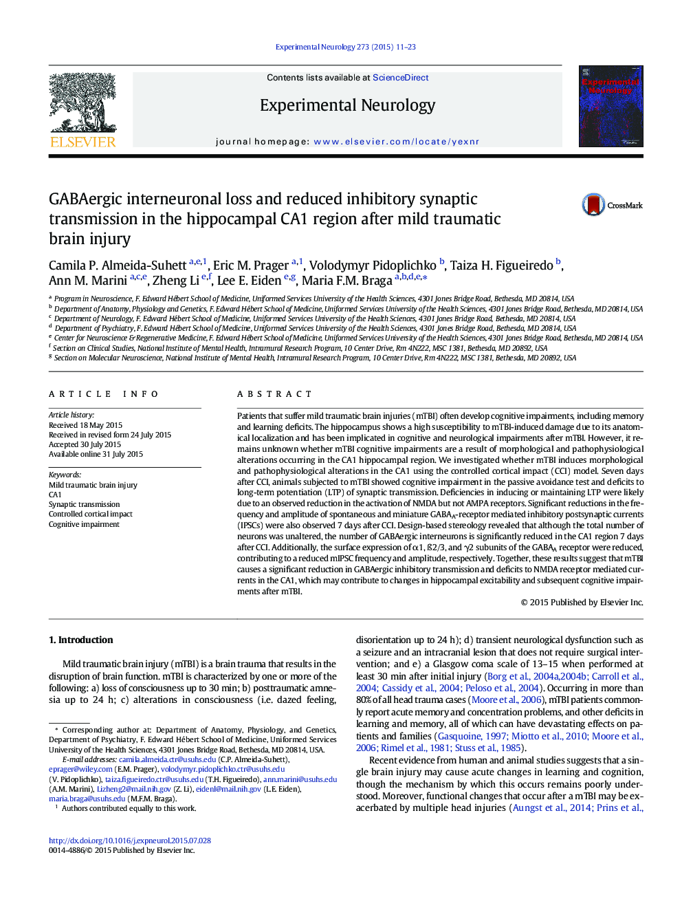 GABAergic interneuronal loss and reduced inhibitory synaptic transmission in the hippocampal CA1 region after mild traumatic brain injury