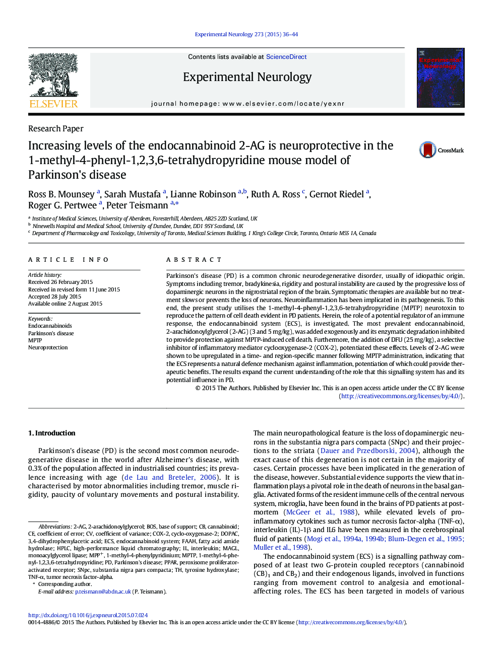 Research PaperIncreasing levels of the endocannabinoid 2-AG is neuroprotective in the 1-methyl-4-phenyl-1,2,3,6-tetrahydropyridine mouse model of Parkinson's disease