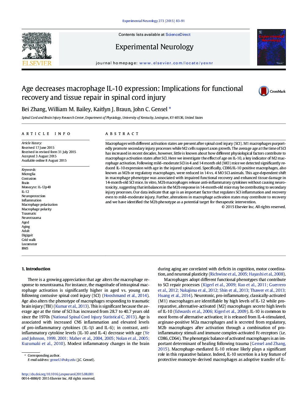 Age decreases macrophage IL-10 expression: Implications for functional recovery and tissue repair in spinal cord injury