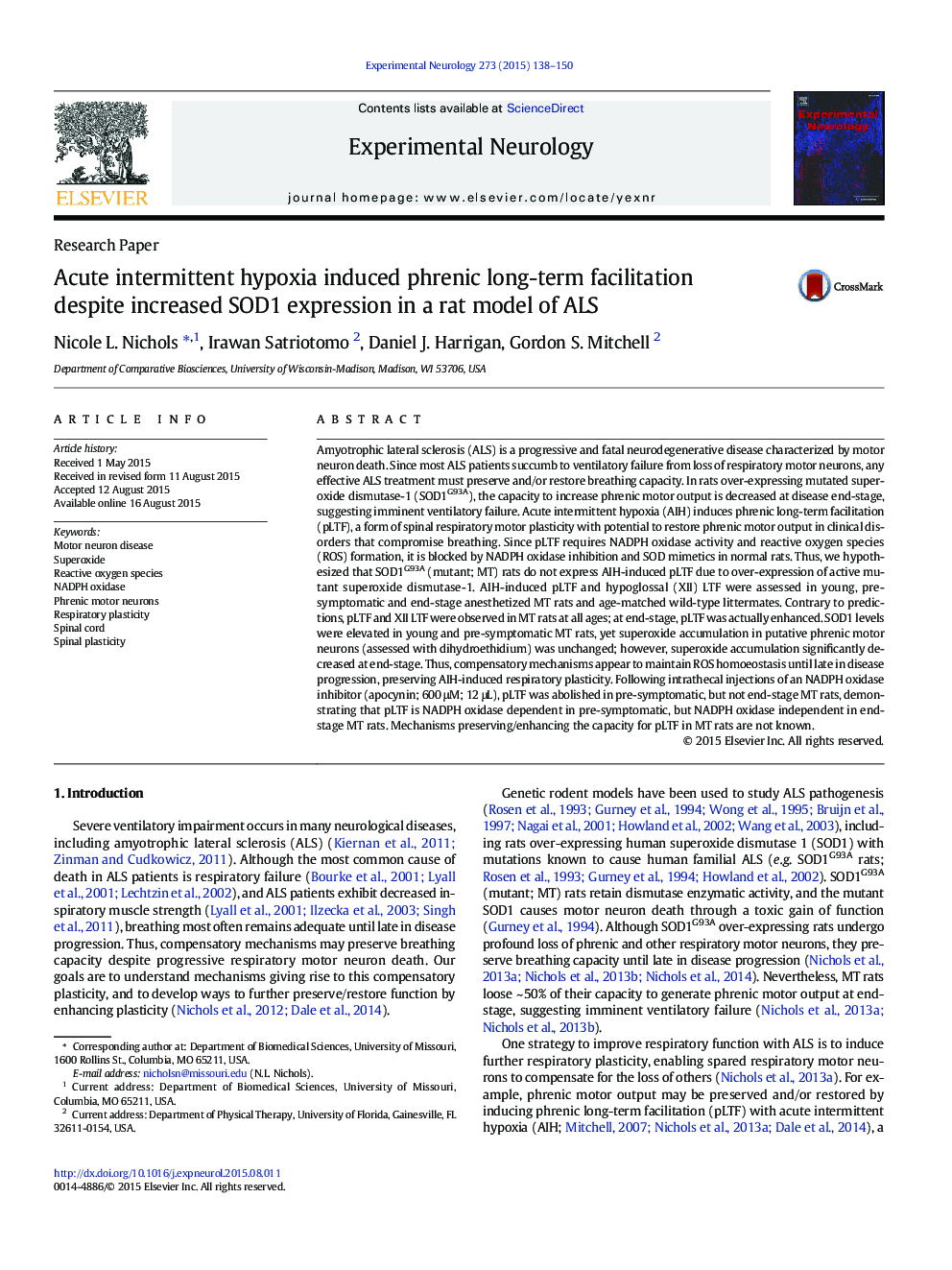 Research PaperAcute intermittent hypoxia induced phrenic long-term facilitation despite increased SOD1 expression in a rat model of ALS