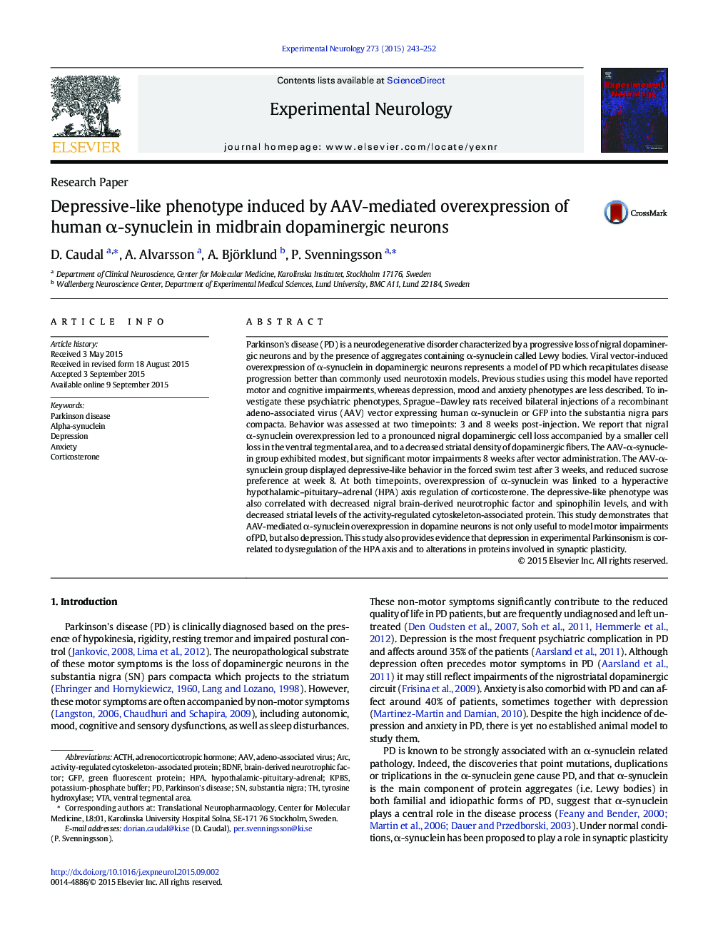 Research PaperDepressive-like phenotype induced by AAV-mediated overexpression of human Î±-synuclein in midbrain dopaminergic neurons