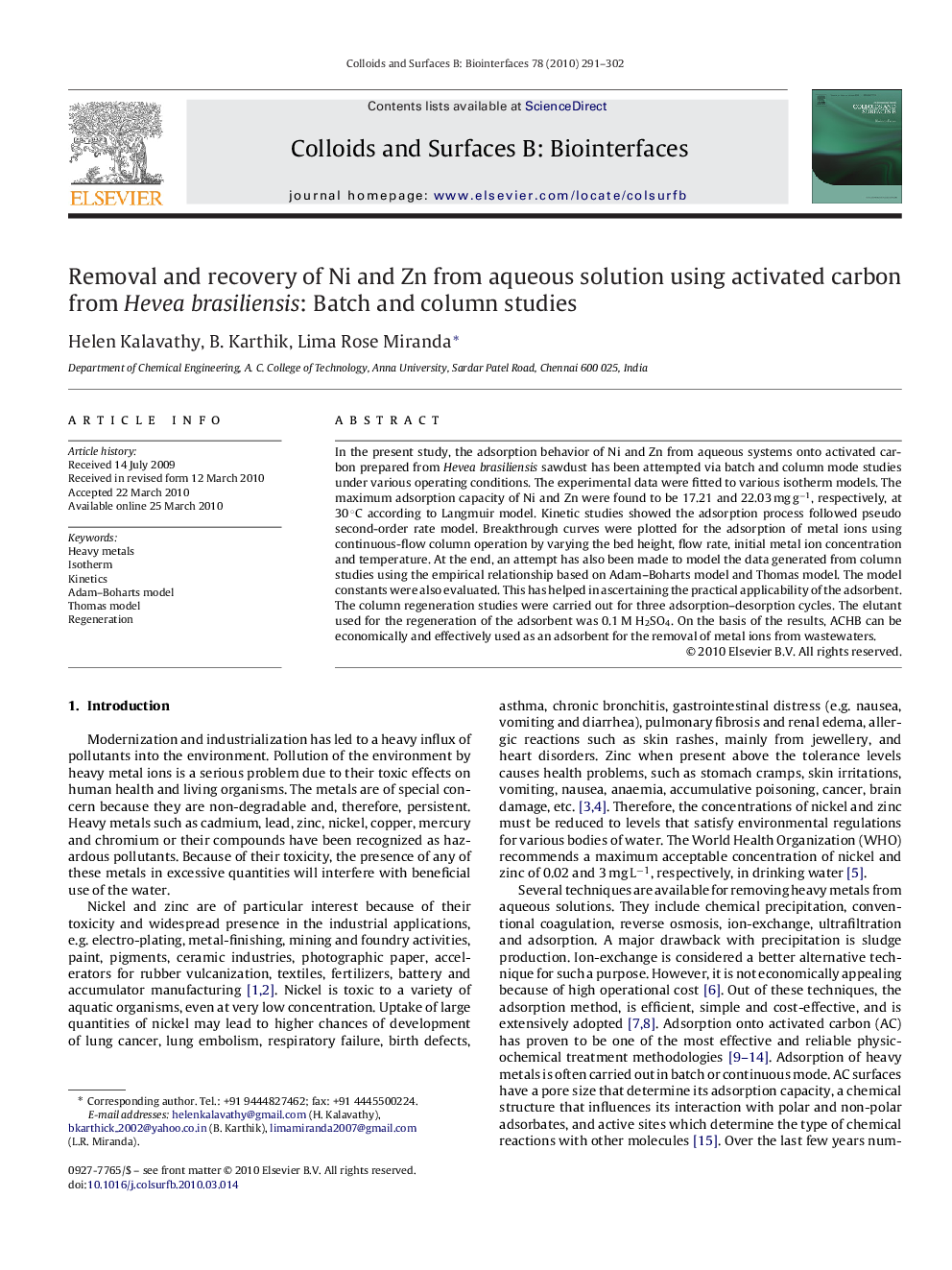 عکس صفحه اول مقاله: Removal and recovery of Ni and Zn from aqueous solution using activated carbon from Hevea brasiliensis: Batch and column studies Removal and recovery of Ni and Zn from aqueous solution using activated carbon from Hevea brasiliensis: Batch and column studies