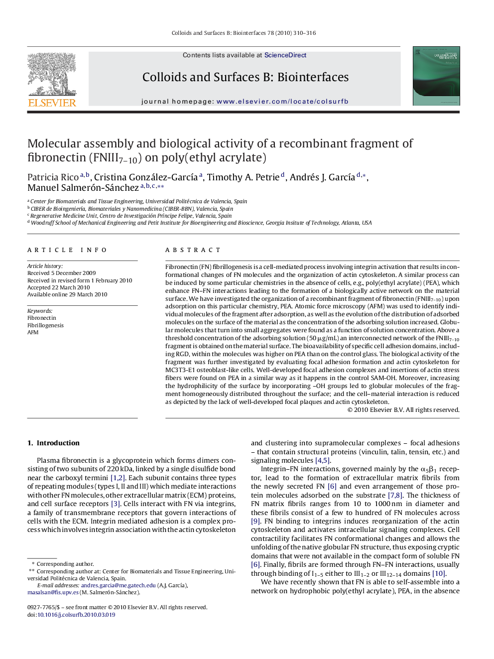 Molecular assembly and biological activity of a recombinant fragment of fibronectin (FNIII7–10) on poly(ethyl acrylate)